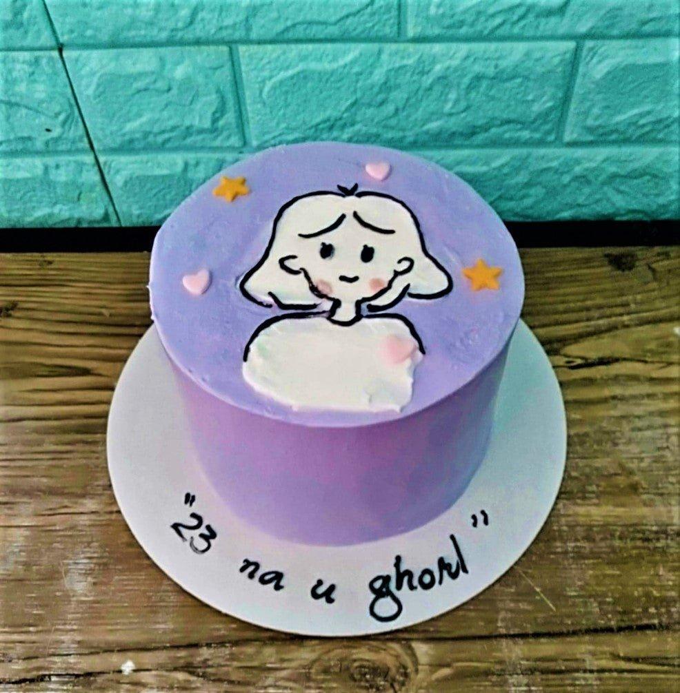 Purple bento cake with a hand-drawn white character and orange stars on top, featuring a funny Tagalog message on the base board.