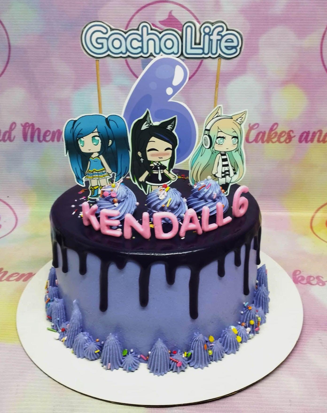 Purple Gacha Life themed birthday cake with dark purple drip, character printouts, and pink icing letters for Kendall's 6th birthday.