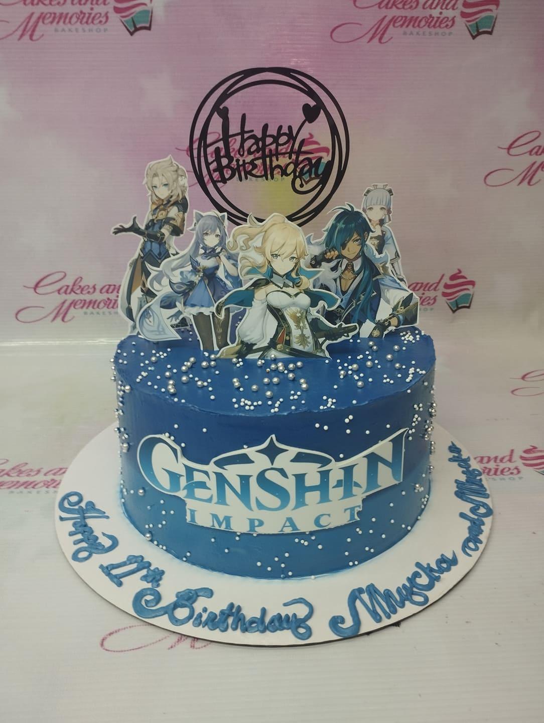 Blue Genshin Impact themed birthday cake with character printouts and silver dragees