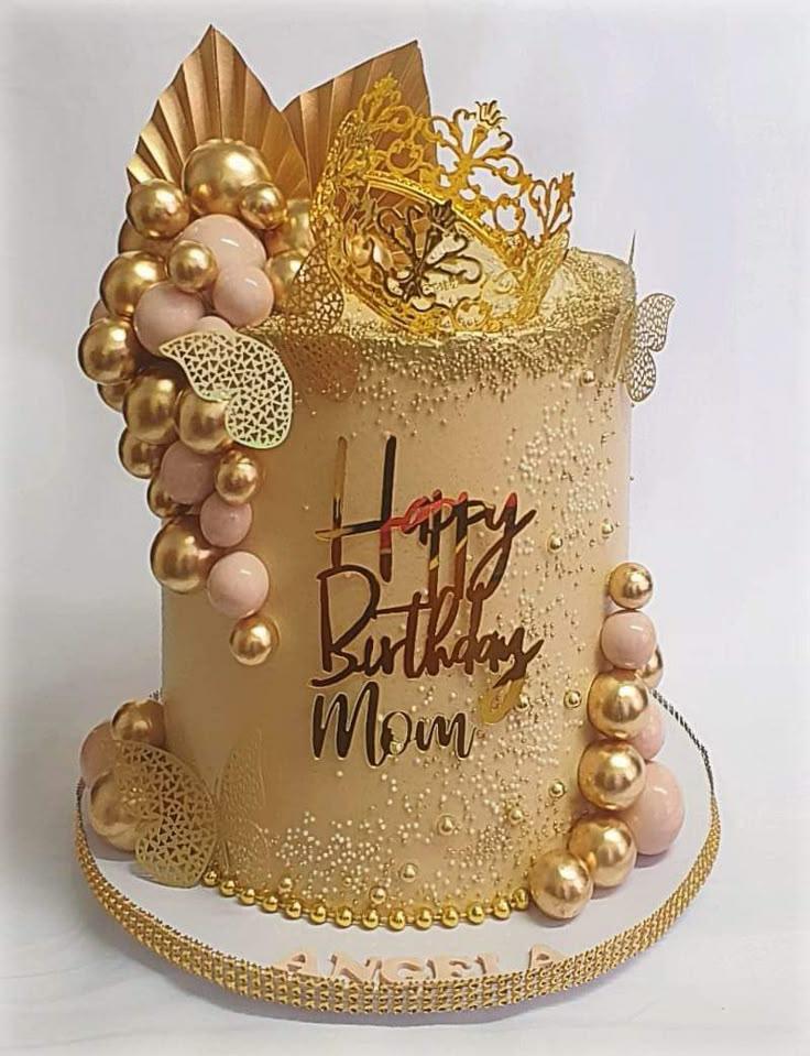 Gold Crown Mom 1 Tier - red, cream, gold theme with Intricate gold crown and Gold palm leaf cutouts