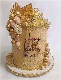 gold mom birthday 1 Tier - gold, pink theme with gold crown and gold metallic spheres