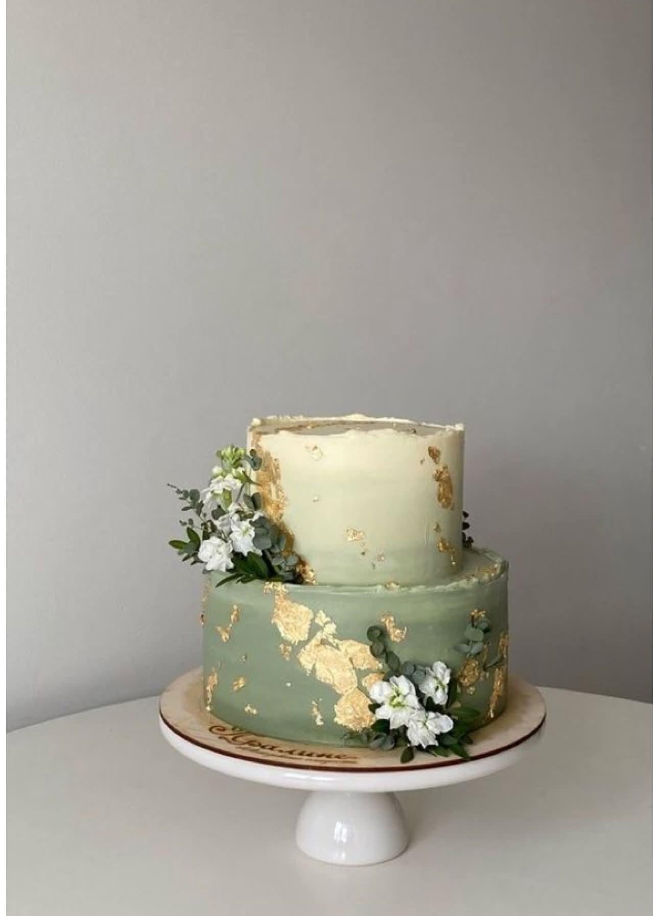 Green gold floral 2 Tier - gold, white, green theme with white flowers