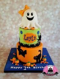 Halloween birthday 2 Tier Fondant - yellow, white, black theme with white ghost with yellow bow and small orange pumpkins/...