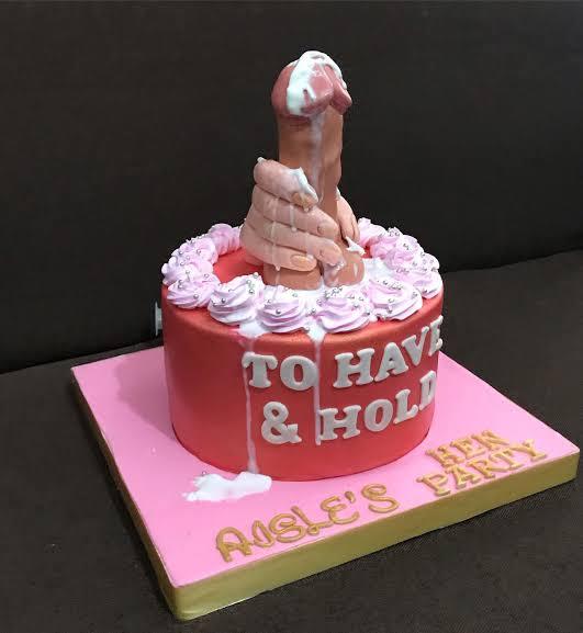 hen party adult 1 Tier Fondant - red, pink, silver theme with phallic sculpture with hand and pink piped swirls