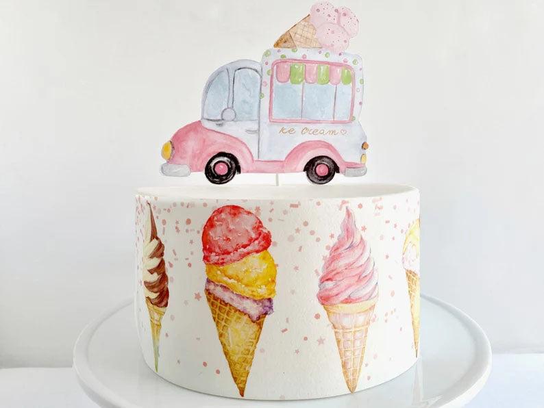 White single tier cake featuring watercolor-style ice cream truck topper and various ice cream cone prints on the side.