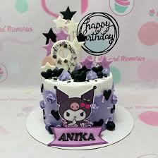 Kuromi 9th birthday 1 Tier - black theme with Happy Birthday text topper and small icing swirls