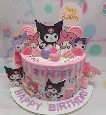 Kuromi Birthday 1 Tier - pink, purple, yellow theme with Happy Birthday round topper and Pink waffle squares
