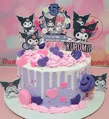 Kuromi My Melody, purple pink 1 Tier - pink, purple theme with cardstock number 5 and pink icing swirls