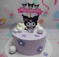 Kuromi purple 1 Tier - white, purple theme with Large Kuromi character printout and Small purple gumpaste flowers