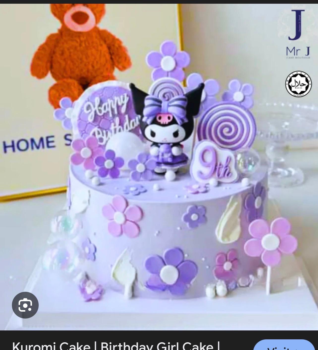 Purple 1-tier Kuromi Sanrio birthday cake with fondant flowers and character topper