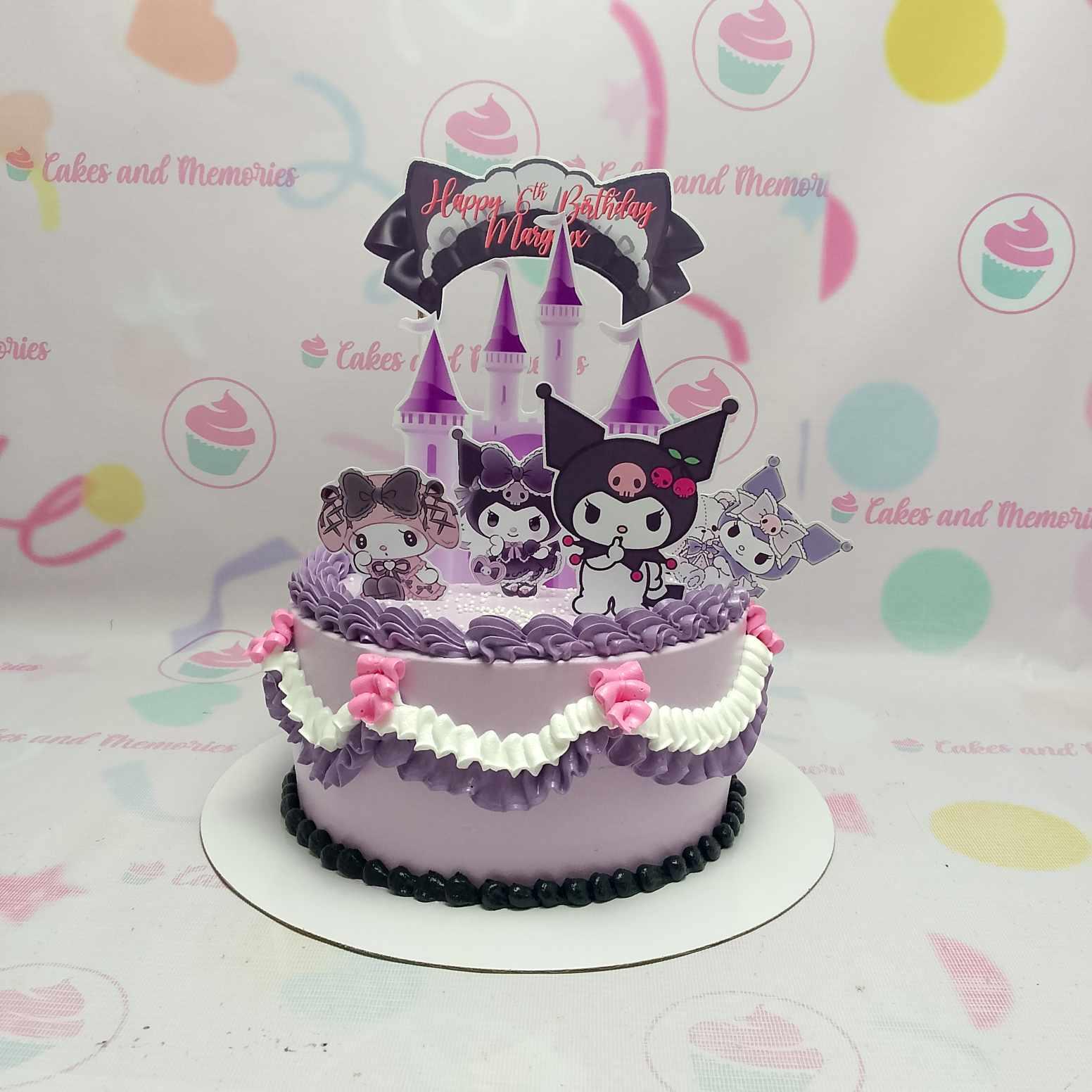 Purple Kuromi and My Melody themed birthday cake with ruffled icing and character printouts