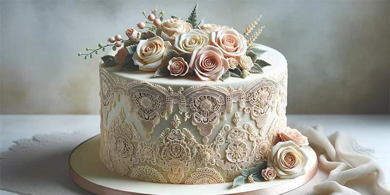 Elegant ivory fondant cake with intricate edible lace patterns and a bouquet of peach and cream sugar roses on top.