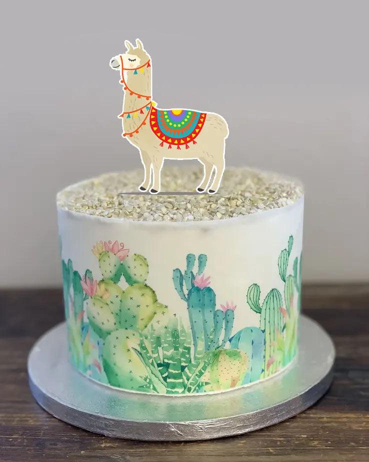 Single tier white cake with a llama printout topper and cactus edible print wrap on the sides, topped with silver dragees.