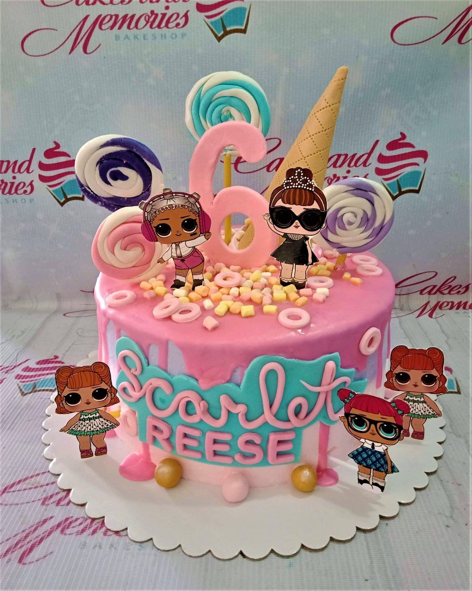Pink LOL Surprise themed birthday cake with lollipops, ice cream cone, and character printouts for Scarlet Reese's 6th birthday.