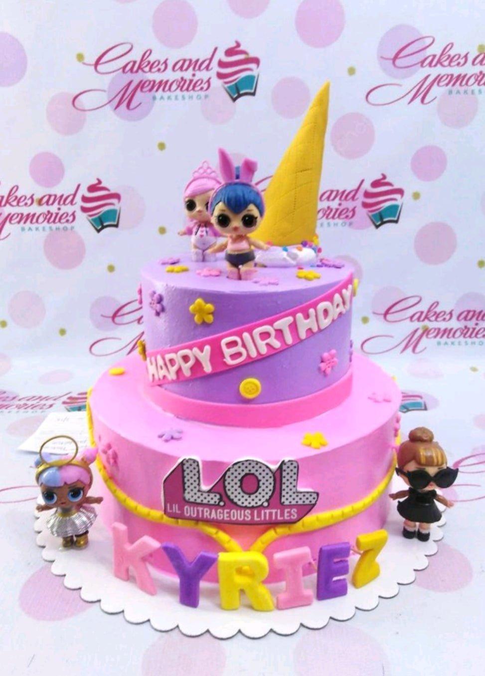 Two-tier LOL Surprise themed birthday cake in pink and purple with character figurines, a yellow ice cream cone topper, and fondant letters.