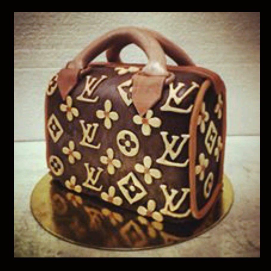 Louis Vuitton designer handbag cake in brown fondant with gold monogram patterns and 3D handles.