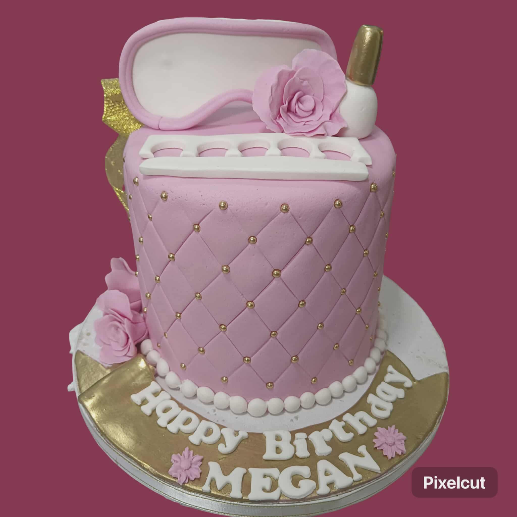makeup birthday 1 Tier Fondant - pink, rose, gold theme with sleep mask and pink roses