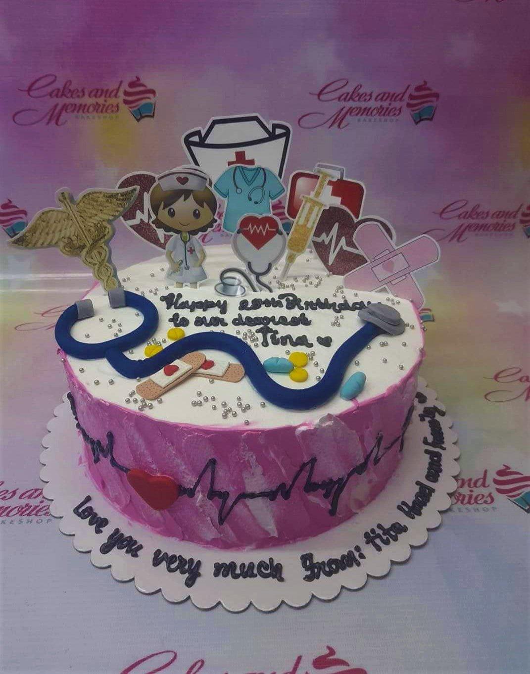 Pink and white medical themed birthday cake for Tina with a nurse character, stethoscope, and medical icons.