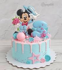 Mickey Mouse Birthday 1 Tier - blue, pink, white theme with Mickey Mouse figure and colorful sprinkles