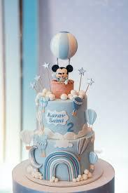 Mickey Mouse hot air balloon 3 Tier Fondant - white theme with hot air balloon and flat stars