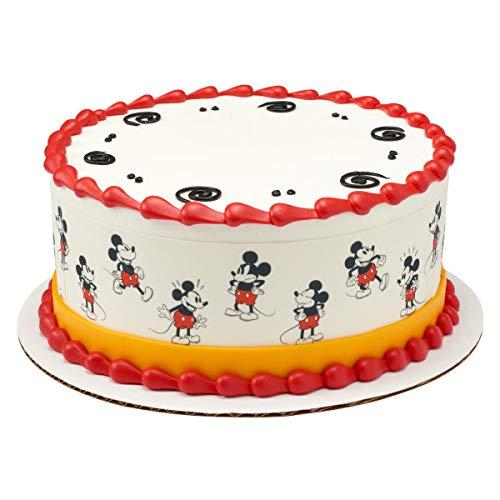 White 1-tier Mickey Mouse birthday cake with red icing borders, yellow fondant band, and printed Mickey Mouse character wrap.