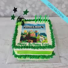 Minecraft birthday Rectangle - green, black theme with edible photo of Minecraft scene and green icing grass border