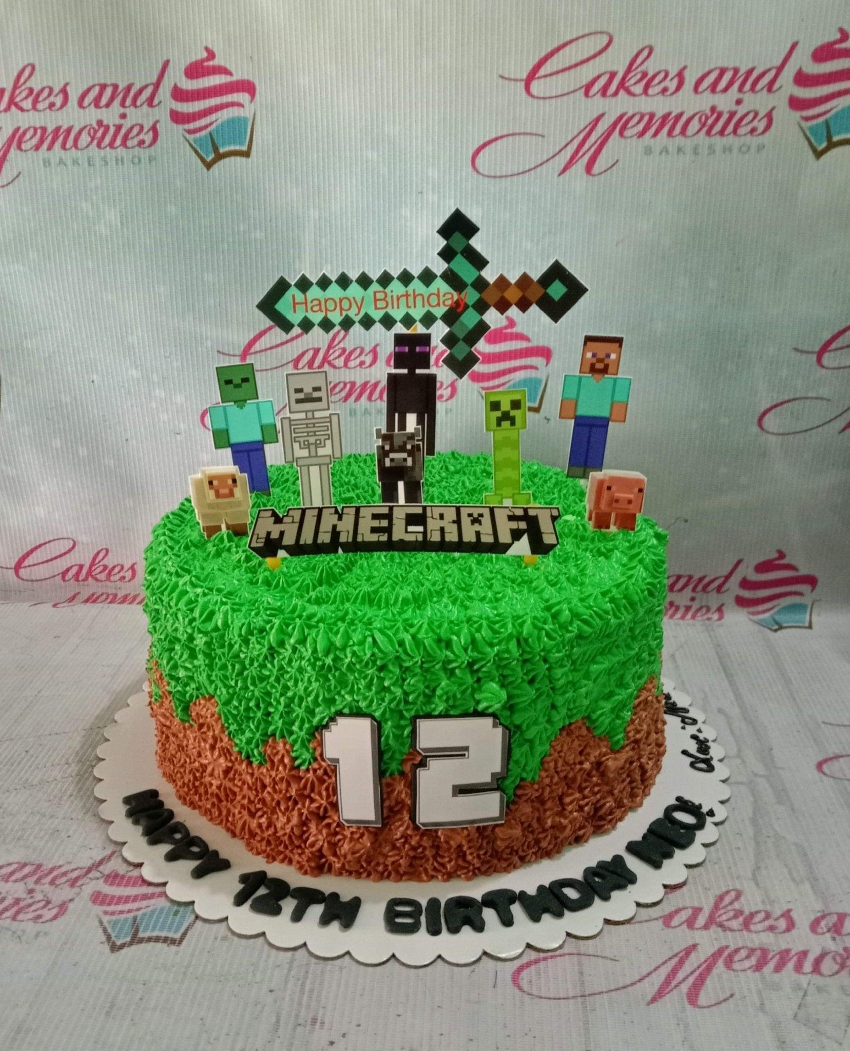Minecraft themed birthday cake with green and brown textured icing, featuring character printouts and a pixelated sword topper.
