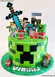 Minecraft green 1 Tier - brown theme with printout of Minecraft diamond sword and edible 3D Minecraft TNT blocks