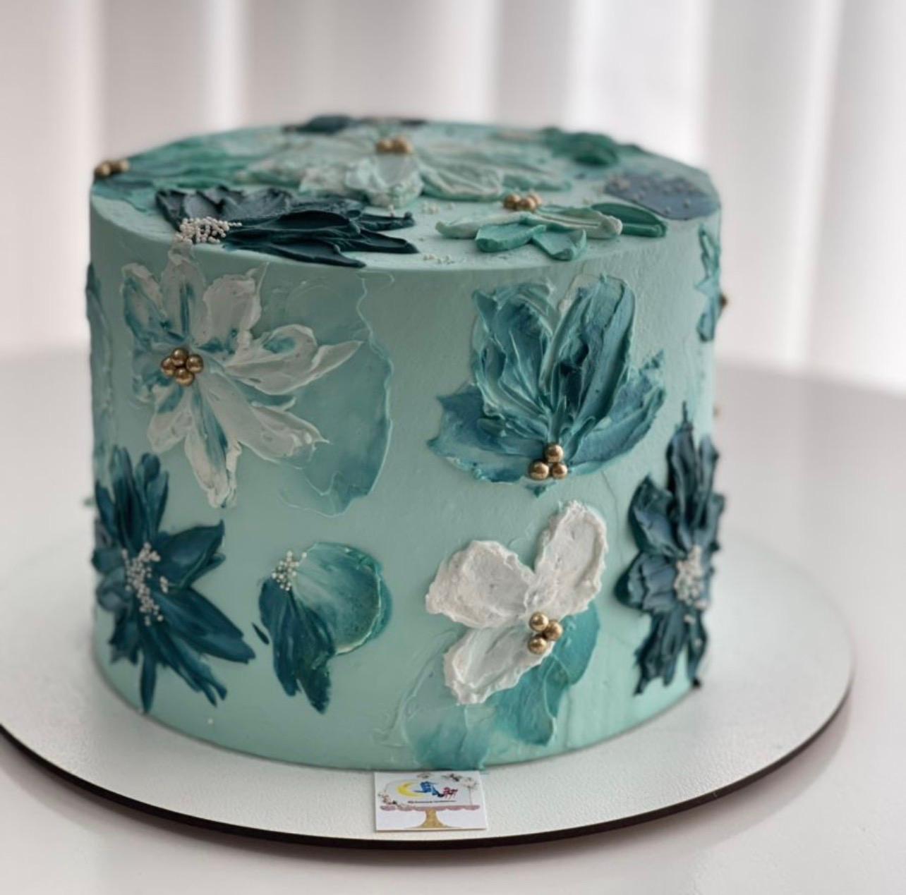 Mint Floral 1 Tier - gold theme with palette knife floral designs