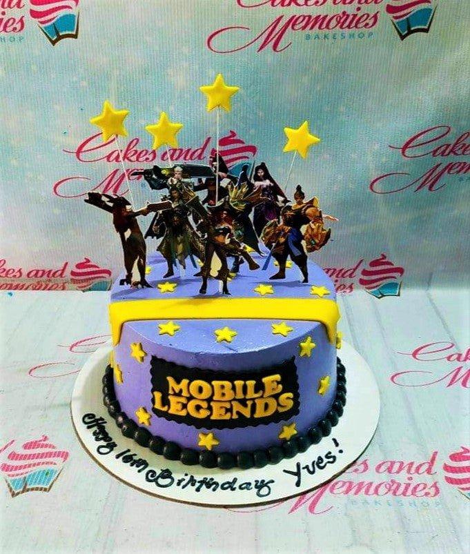 Purple Mobile Legends themed birthday cake with character printouts, yellow stars, and a black beaded border.