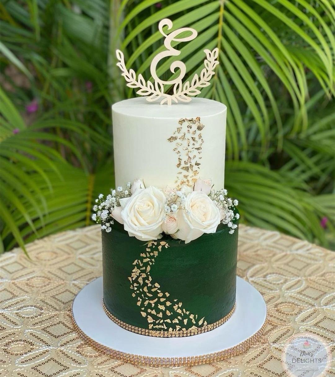 monogram floral 2 Tier - white, green, rose theme with Monogram E with wreath and White rose and baby's breath cluster