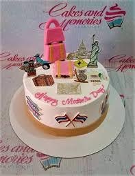 Mother's Day travel 1 Tier Fondant - white, pink, blue theme with pink handbag and luggage set and blue scooter