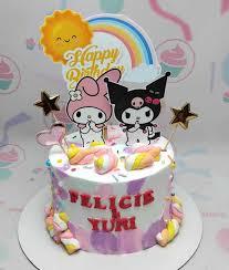 My Melody Kuromi birthday 1 Tier - gold, pink, pastel theme with Happy Birthday sun and rainbow sign and Assorted pastel c...