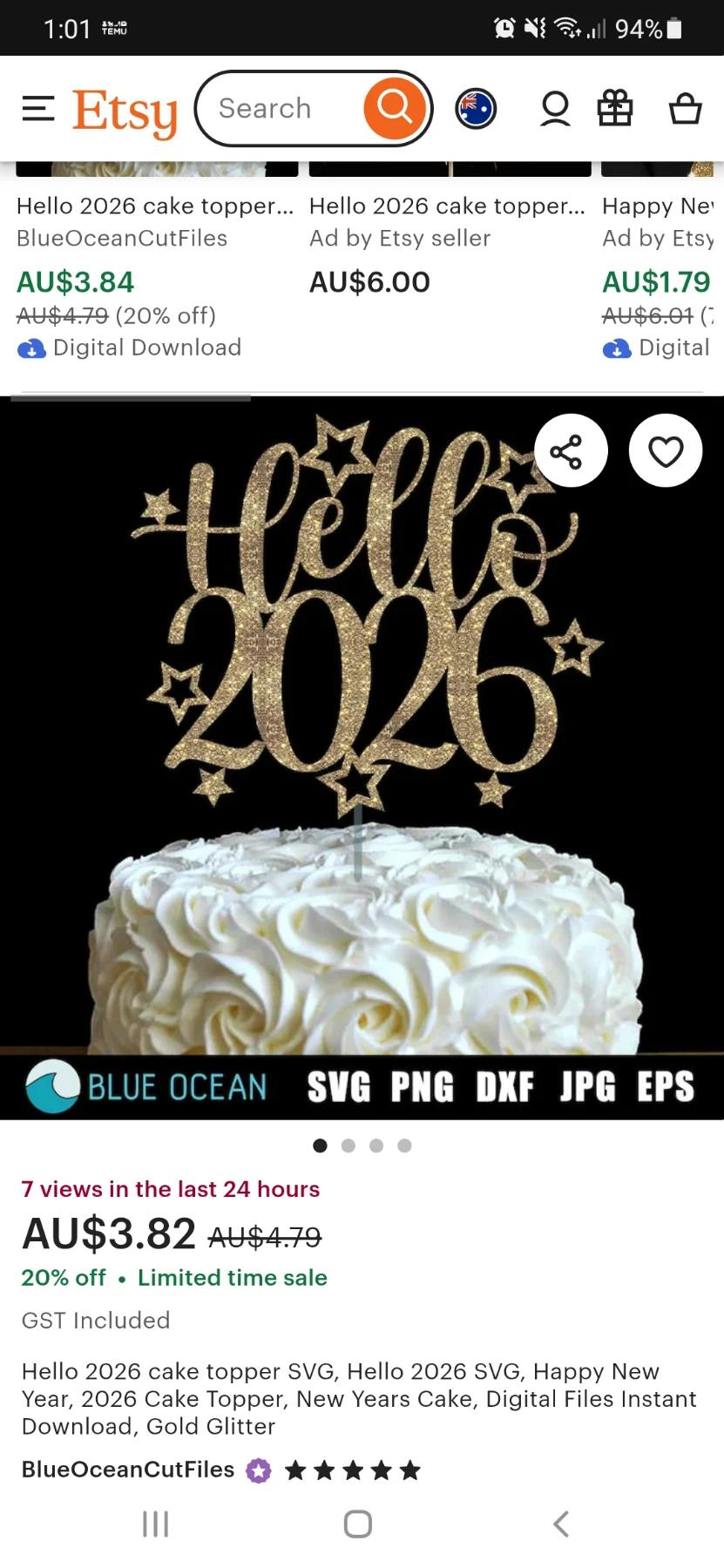 New Year 2026 1 Tier - white, rose theme with Hello 2026 with stars glitter topper and white icing rosettes