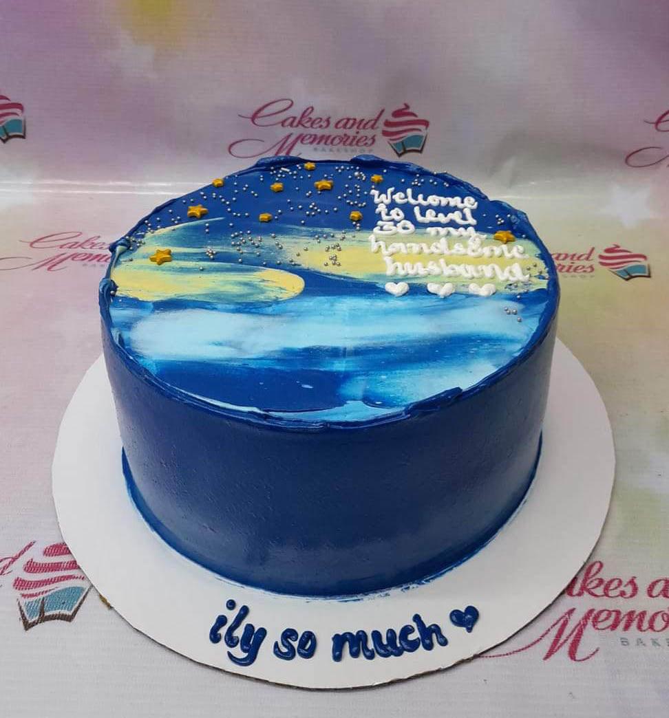 Deep blue 1-tier cake with a hand-painted night sky design, yellow stars, and a heartfelt message for a husband's 30th birthday.