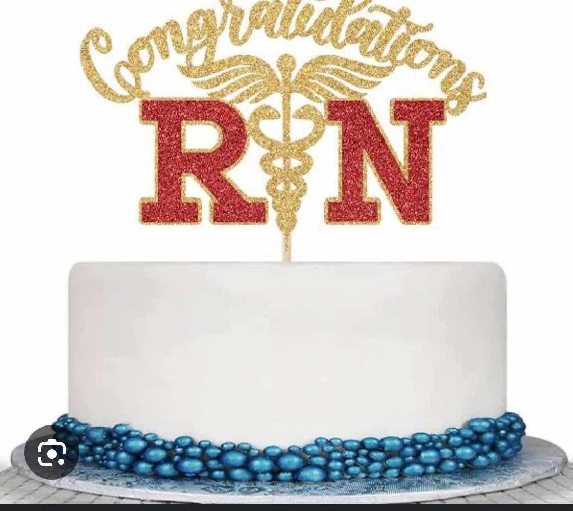 Nurse Graduation 1 Tier - white, blue theme with Congratulations RN topper with caduceus symbol and blue plastic balls aro...