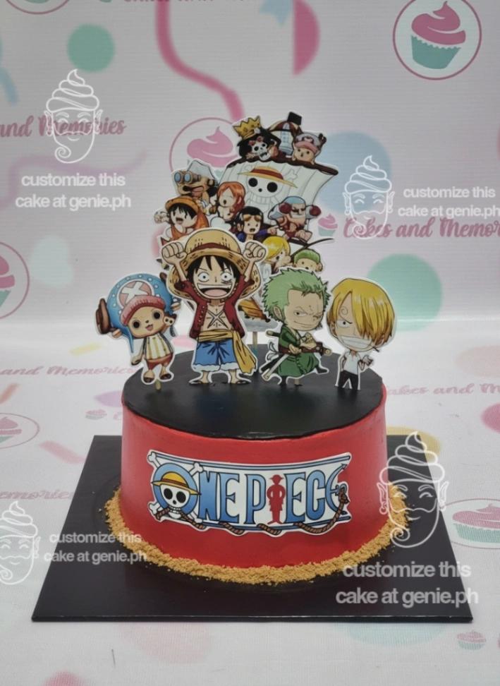 One Piece, black red 1 Tier Fondant - gold theme with One Piece crew on ship and gold sprinkles