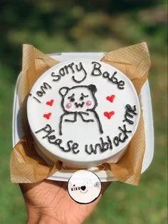 White bento cake with a hand-drawn panda illustration and a message saying I am sorry Babe Please unblock me.