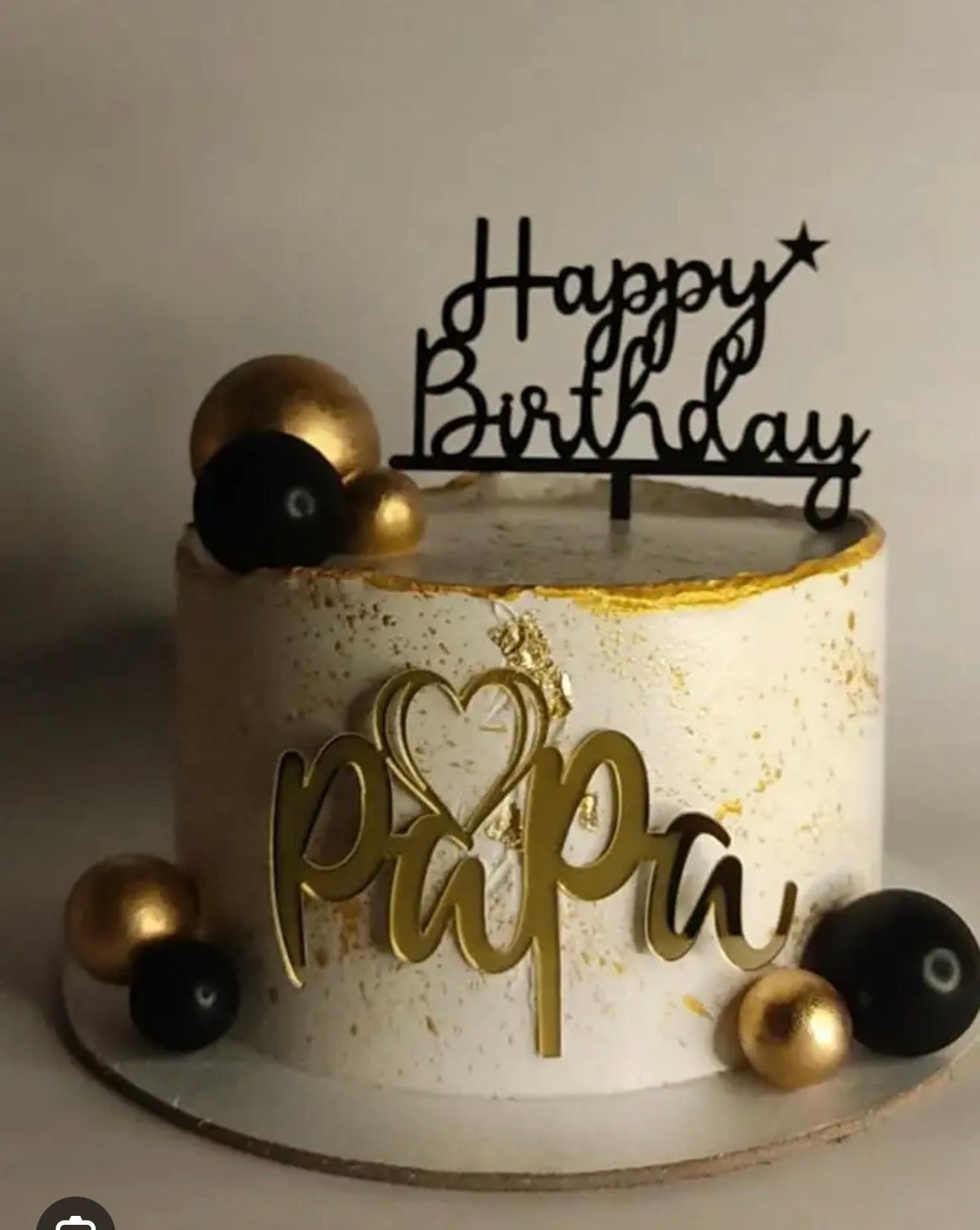 Papa Birthday 1 Tier - white, gold, black theme with Black Happy Birthday script topper and gold decorative spheres