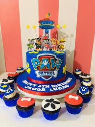 Paw Patrol birthday 1 Tier Fondant - yellow, red, black theme with Paw Patrol lookout tower and Paw Patrol logo side panel
