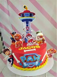 Cake 1 Tier - colorful theme with Paw Patrol lookout tower printout and printout of Chase character