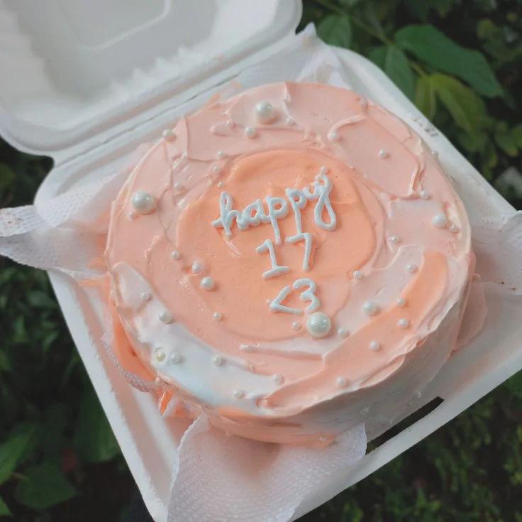 Peach and white bento cake with palette knife icing texture, white pearls, and 'happy 17 <3' message.