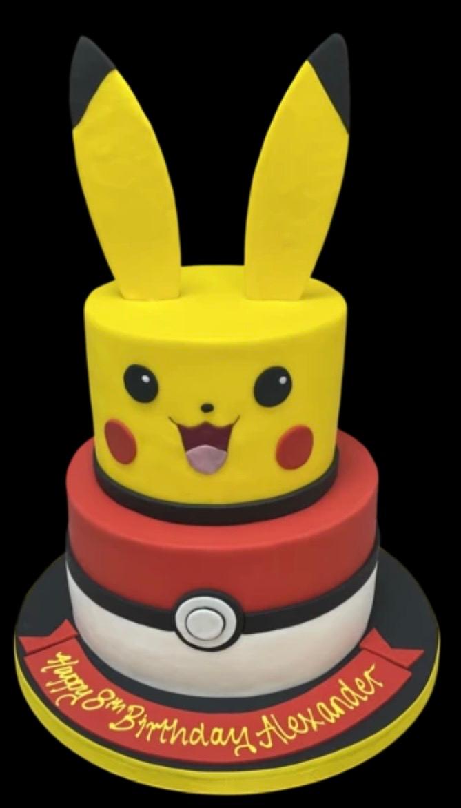 Pikachu Pokemon 2 Tier Fondant - red theme with Pikachu ears and Pikachu face features