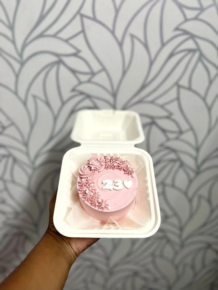 Pink bento cake with piped icing rosettes, white pearls, and the number 23 with a heart on top.