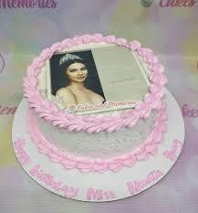 pink birthday, woman 1 Tier - white theme with edible photo of a woman and white sprinkles on cake side