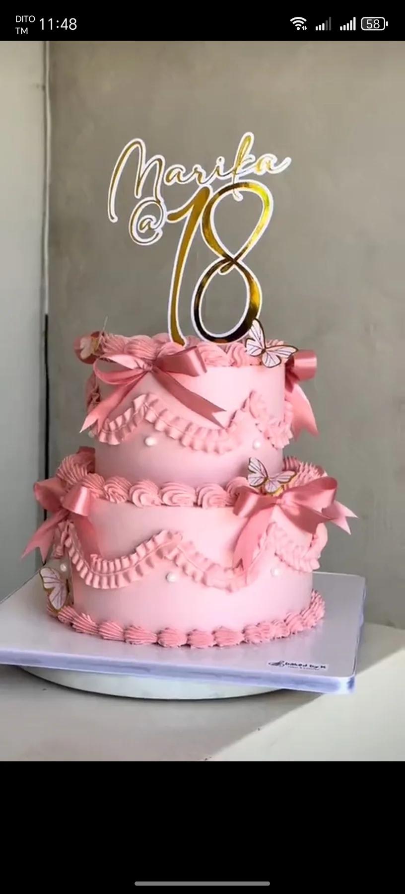 pink butterfly 18th 2 Tier - pink, gold, white theme with gold name and age topper and pink and white butterflies