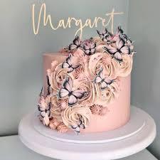 pink butterfly 1 Tier - pink, gold theme with Margaret name topper and small edible flower buds