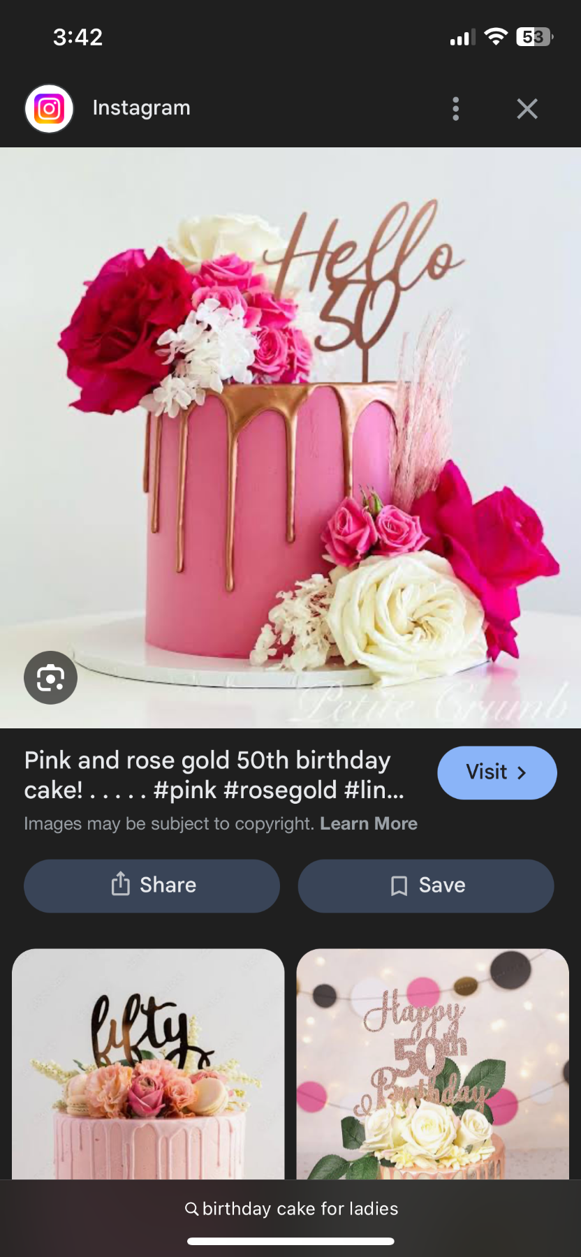 Pink Floral 50th Birthday 1 Tier - pink, white, rose theme with Hello 50 topper