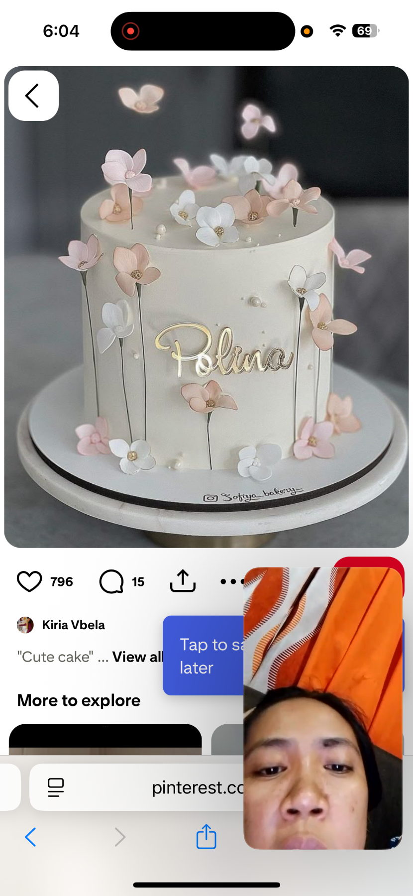 Pink Floral 1 Tier - pink, white theme with Polina name topper and Pink and white flowers on stems