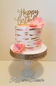 pink gold birthday 1 Tier - pink, gold theme with Happy Birthday topper and pink flowers